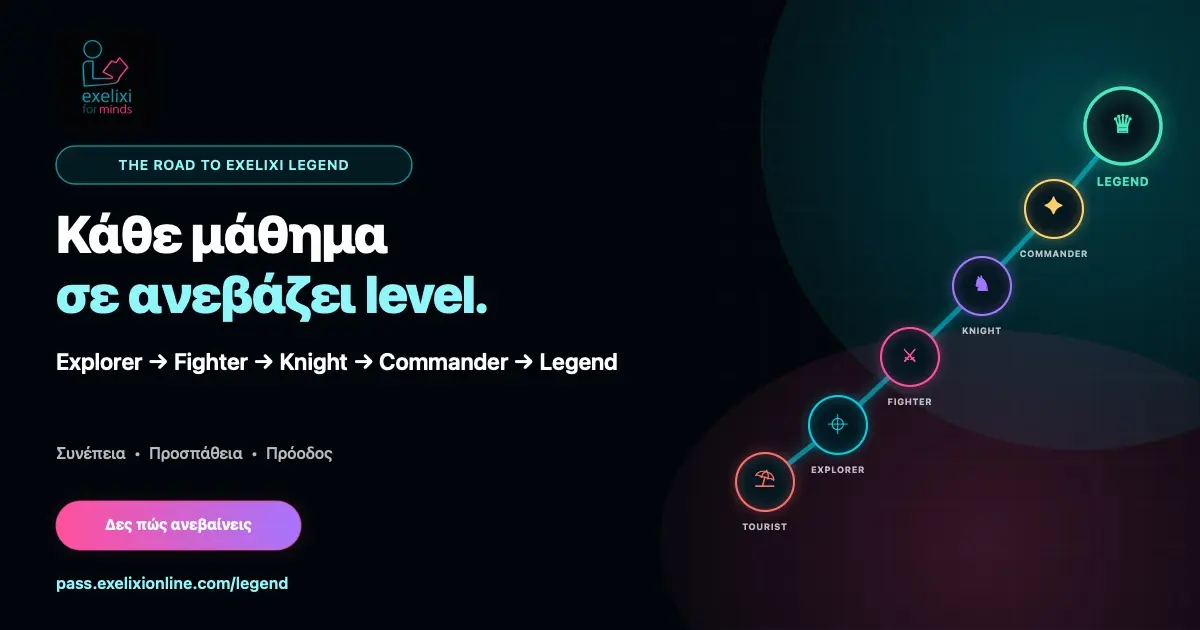 Το γραφικό The Road to Exelixi Legend με τα σήματα Tourist, Explorer, Fighter, Knight, Commander και Legend.